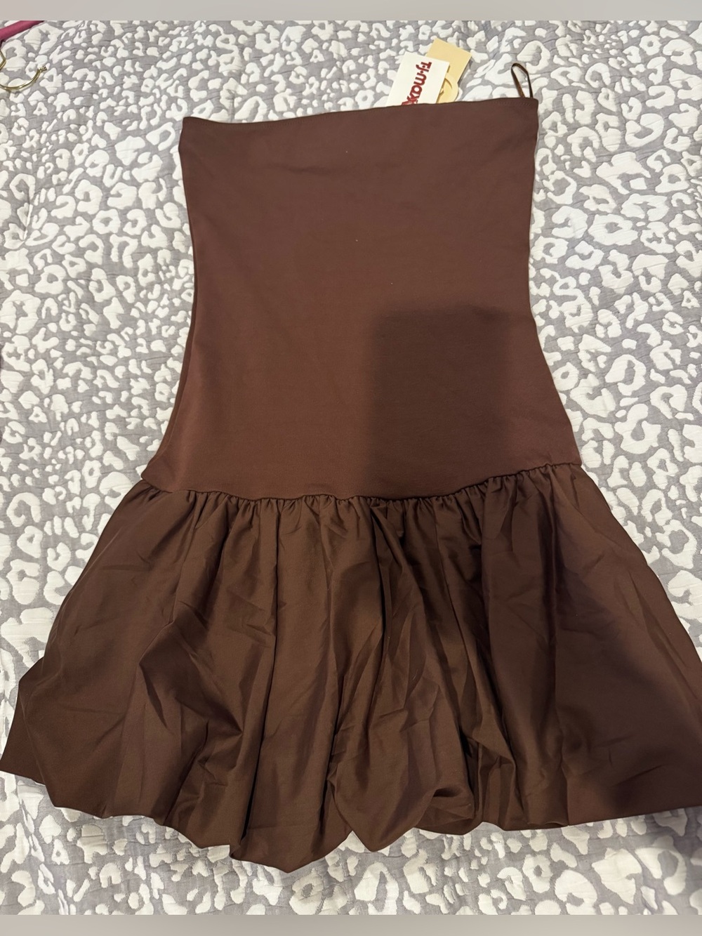 Good Luck Gem Brown Strapless Ruffled Hem Dress